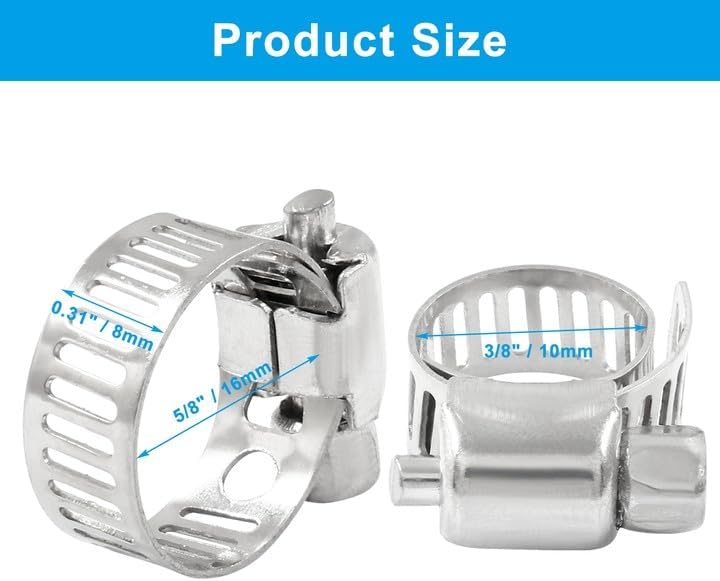 Coufce 20 pcs 3/8" - 5/8" 304 Stainless Steel Hose Clamps, Adjustable Metal Pipe Clamp, Worm Gear for Pipe - Dryer Repair, Tubing and Fuel Line - Image 2